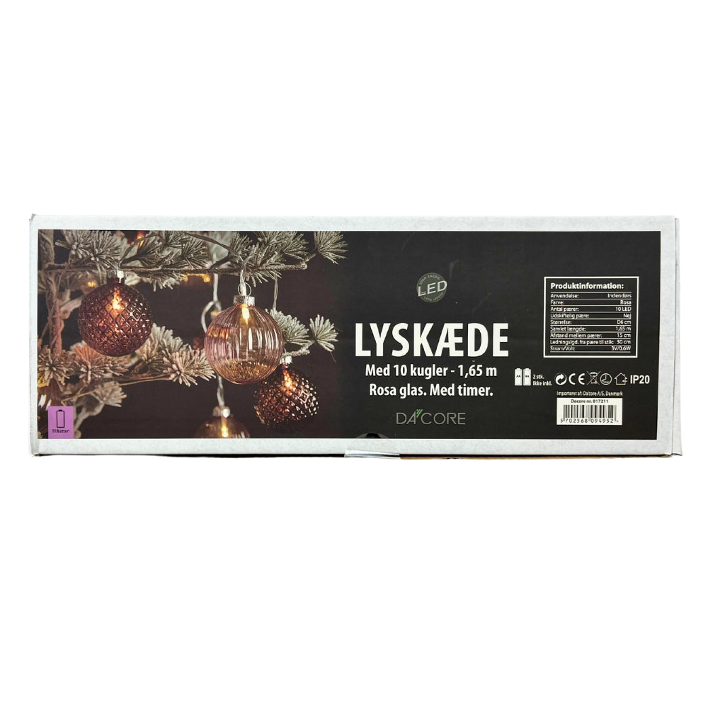 Conzept - Lyskæde kugle D6 cm 10 LED batteri timer glas rosa