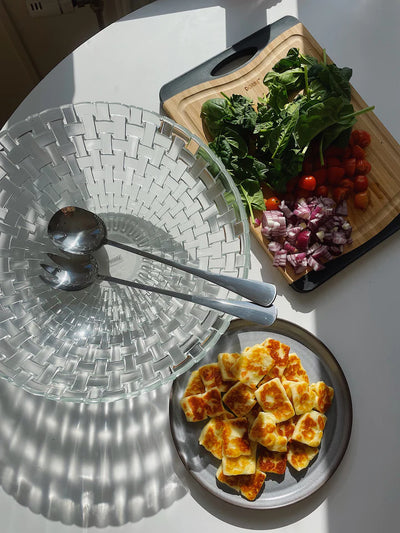 Dorre - Salatsæt: Glasskål 32 cm + Salatbestik rustfrit stål 25 cm