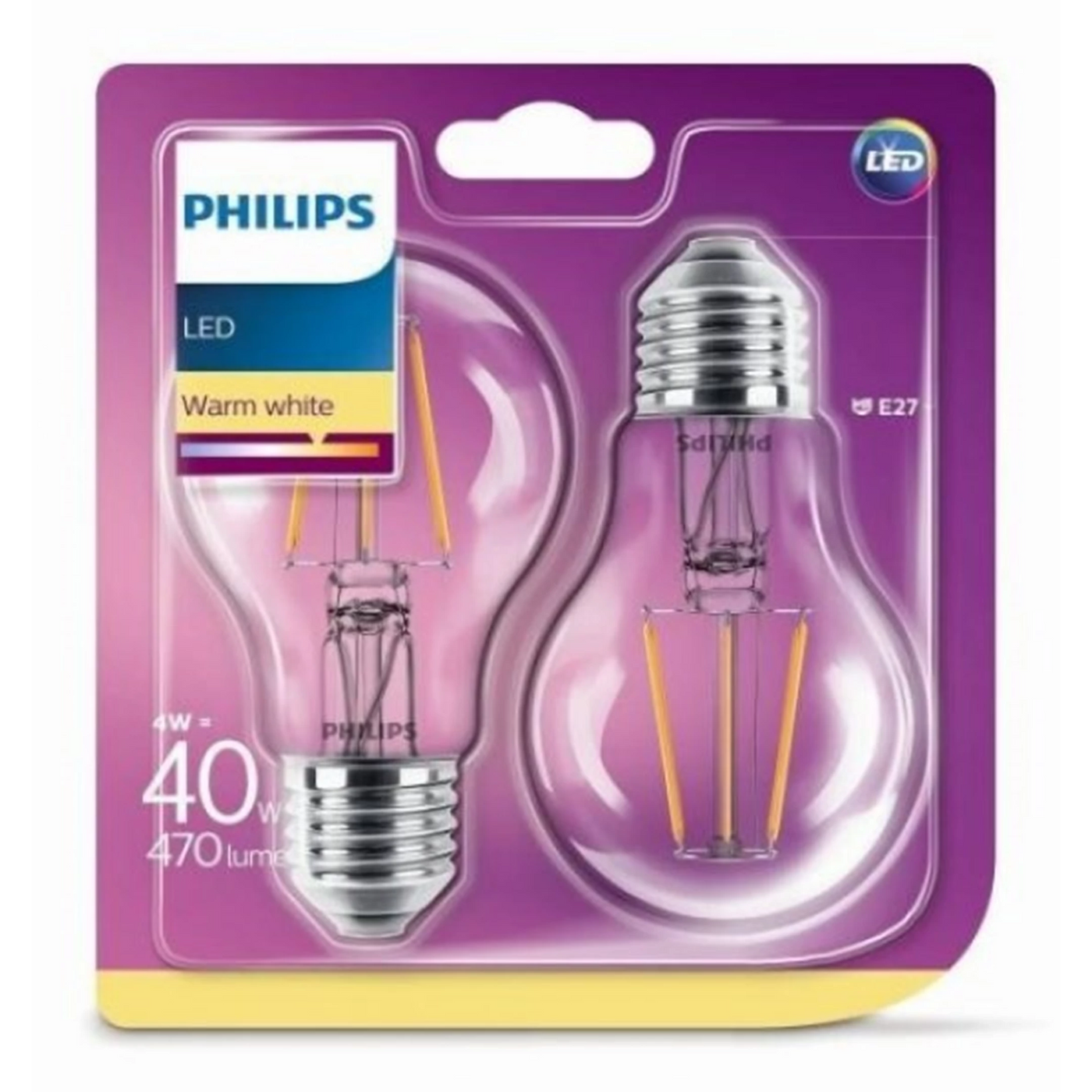 Philips - LED Glas standard glödtråd 40W E27 WW ND 2-pack BOX